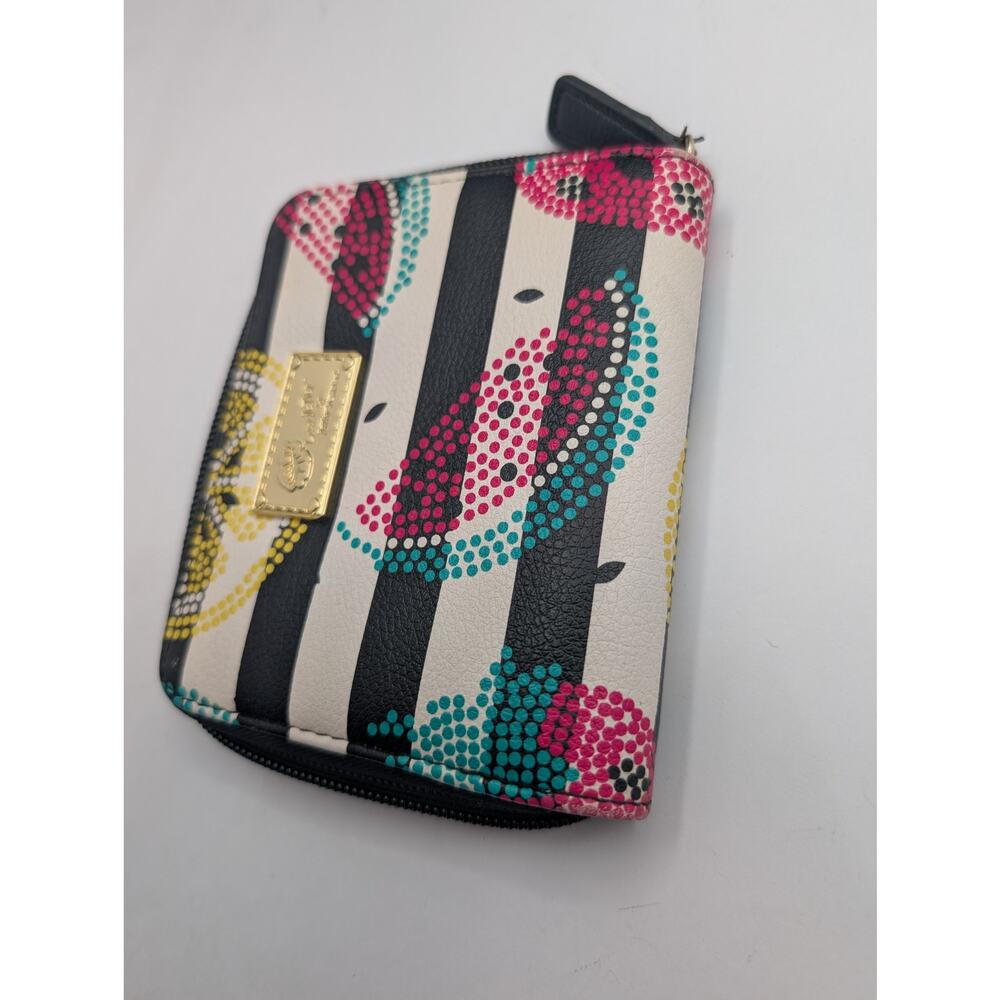 Betsey Johnson Striped Fruit Zip Around Wallet Black White Pink Teal Yellow